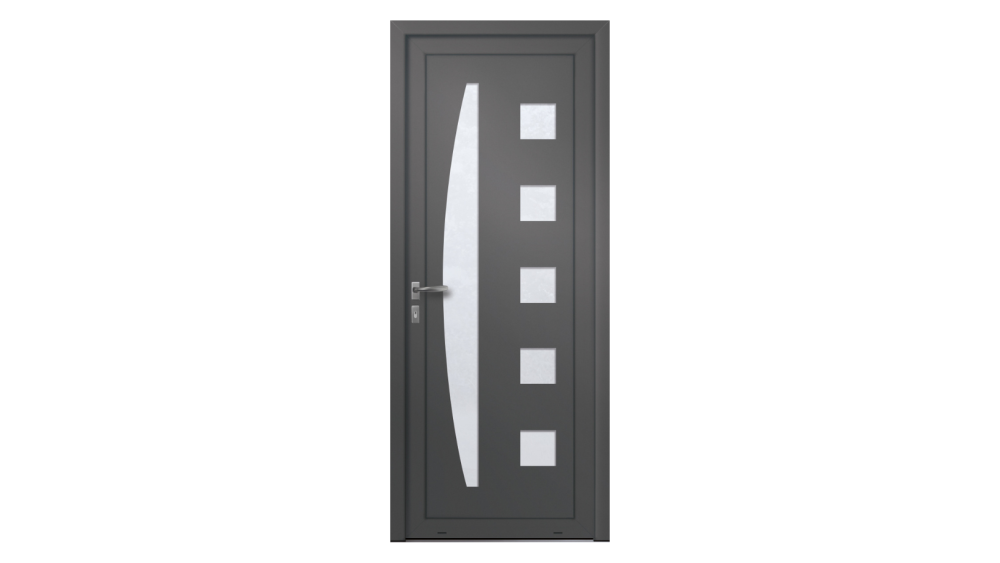 Porte d'entrée aluminium BELCASTEL Porte d'entrée grise avec plusieurs décors vitrés